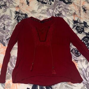Like New Women's Lace-Up Long Sleeve Tunic Top in Deep Red